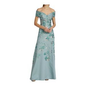 Teri Jon Metallic Jacquard Off-the-Shoulder Turquoise Gown Size 10 Never Worn